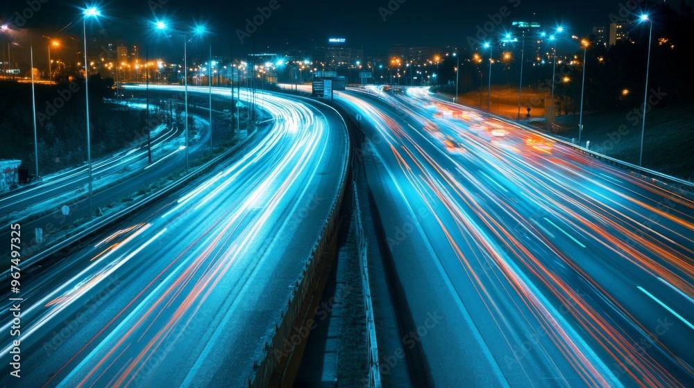 Aufkleber a night scene of an expressway illuminated by streetlights, with vehicles creating light trails and 