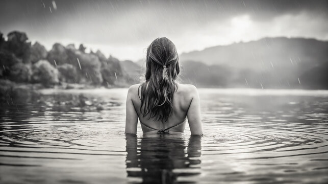 girl in lake under rain. Female back