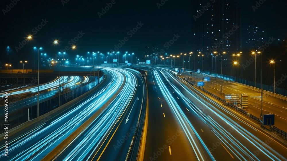 Aufkleber A night scene of an expressway illuminated by streetlights, with vehicles creating light trails and a sense of motion and activity.