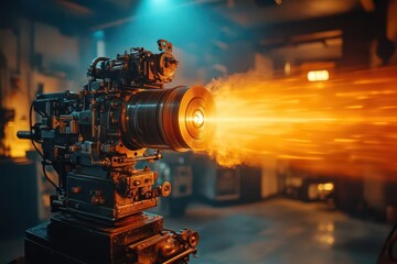Fototapeta premium nostalgic cinema moment vintage film projector in dim room reel spinning as light flickers closeup captures mechanical details and warm glow evoking golden age of moviemaking