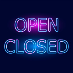 Open closed neon text, glowing in dark sign, vector illustration.
