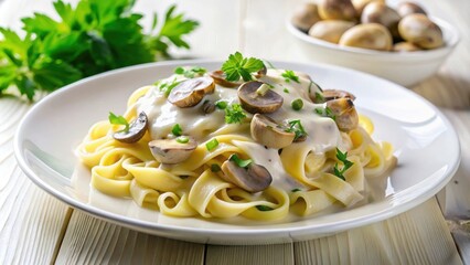 Pasta with saut?ed mushrooms in a creamy sauce on a white plate, pasta, mushrooms, food, Italian, cuisine, dinner, dish