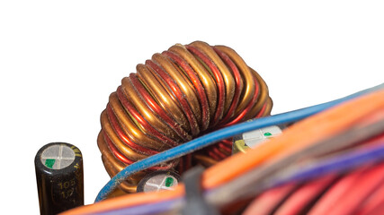 Fototapeta premium The power supply inductor is wrapped with a copper wire png. Microchip resistors and electronic components with dust png