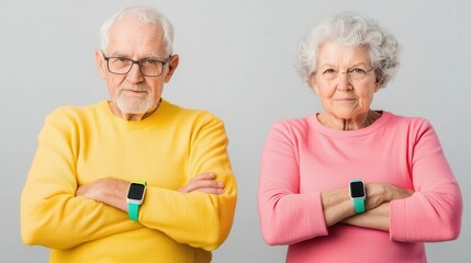 Elderly couple using fitness trackers as part of a public health initiative to promote physical activity, geriatric fitness tracking, active aging