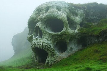 ominous skullshaped cave towering mountain face with a massive naturally formed skull entrance eerie mist and shadowy rock formations create a forbidding atmosphere