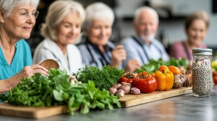 Elderly group attending a health education seminar, learning about nutrition, senior health education, community wellness
