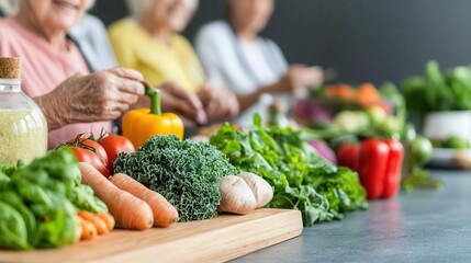 Elderly group attending a health education seminar, learning about nutrition, senior health education, community wellness