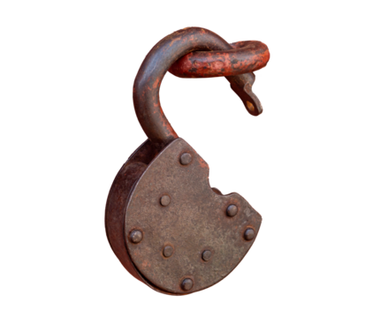 An old rusty iron padlock hangs on a red iron bracket png