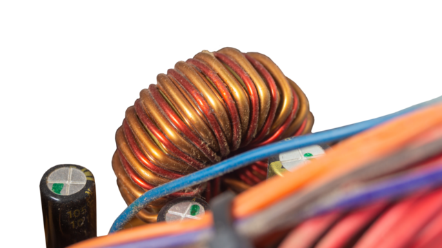 The power supply inductor is wrapped with a copper wire png. Microchip resistors and electronic components with dust png