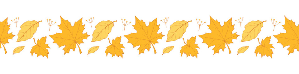 Fototapeta premium Vector edging, ribbon, border from colorful autumn leaves. Nature, autumn, summer seamless pattern, ornament, decorative element, decoration in doodle flat style