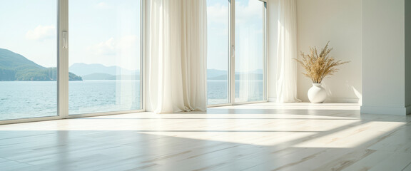 Fototapeta premium Minimalist Living Room with Ocean View and Sunlight