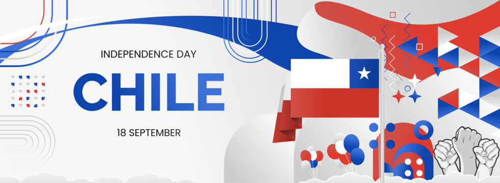 Modern banner for Chile national independence day. National day greeting card in Chilean flag colors, typography and hands raised in enthusiasm.