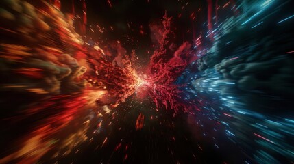 A vibrant cosmic explosion of red and blue hues, depicting a dynamic space scene.