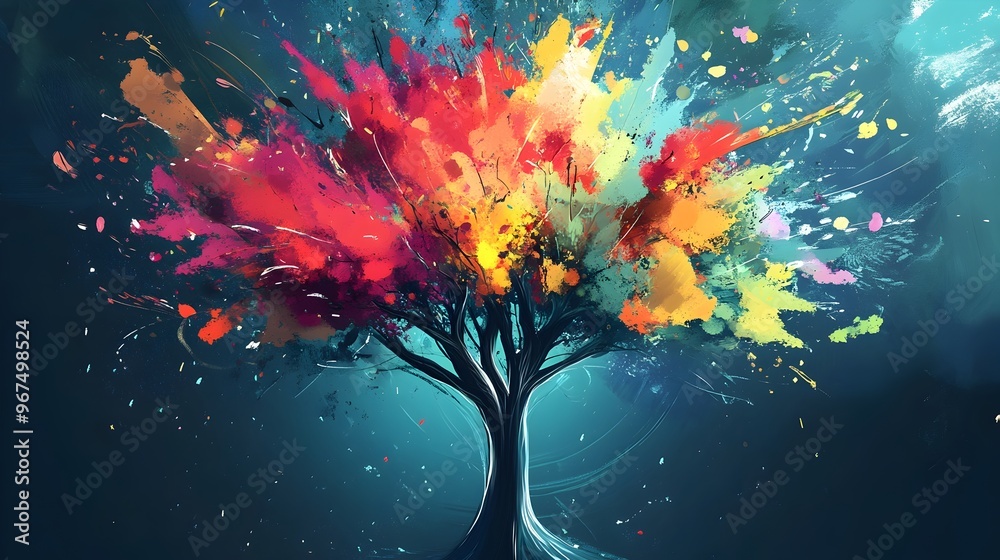 Wall mural Vibrant and dynamic abstract image of a tree like structure growing outward with a colorful explosion of branches symbolizing the growth and expansion of creative ideas imagination and the mind