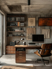 Office in industrial loft interior - concept in green park area