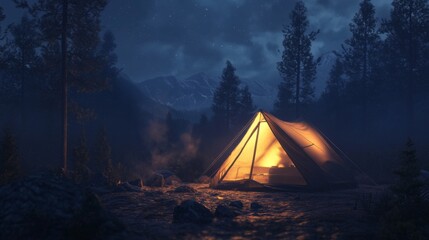 A nighttime scene of a tent illuminated from inside with warm light, creating a cozy and inviting atmosphere in the wilderness.