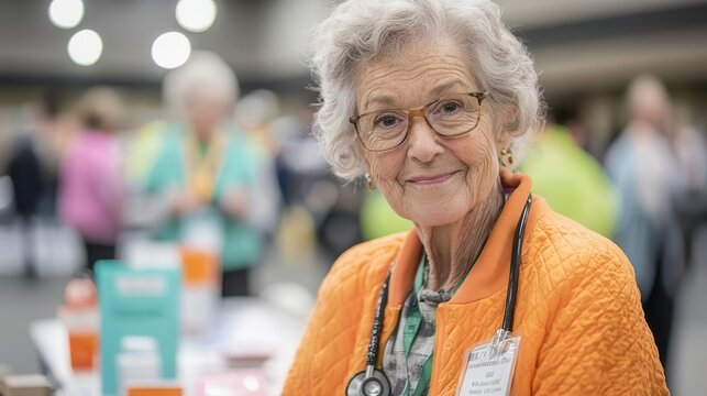 Elderly woman attending a community health fair, learning about various health resources, senior health fair, public health outreach