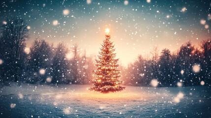 Naklejka premium Christmas background, snowy landscape with a glowing Christmas tree in the center, soft twilight sky with stars and snow gently falling, peaceful and festive.