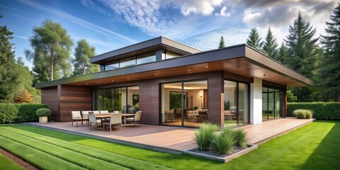 Stylish contemporary house with flat roof, brown trim