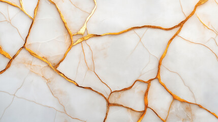 Abstract background of white marble with golden cracks, resembling the Japanese art of Kintsugi where broken pottery is mended with gold to highlight the fractures.