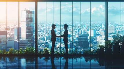 Fototapeta premium Businessman and businesswoman shaking hands in modern office with cityscape view