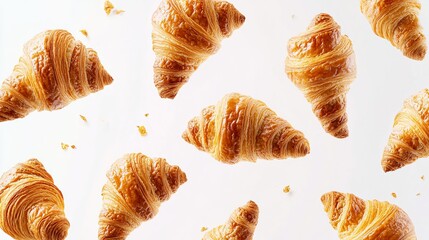 Crispy croissants float through the air against a white background. These buttery French pastries are a delightful treat.