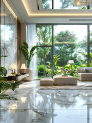 Fototapeta premium Modern style luxury white living room with garden view