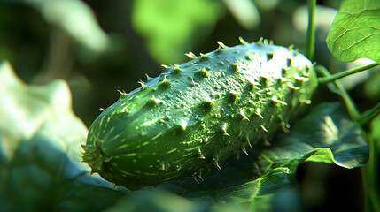 Naklejka premium Close-Up Shot of a Fresh Cucumber on the Vine with Textured Green Skin Covered in Tiny Prickles