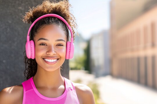 Portrait of an African American woman wearing headphones while jogging