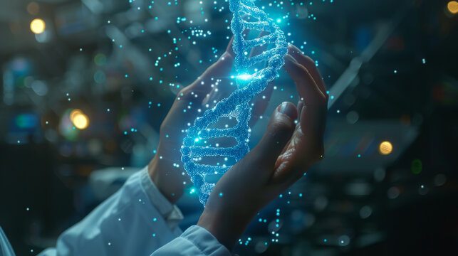 Medicine doctor holding blue helix DNA structure on hologram modern virtual screen interface and diagnose healthcare on digital network - Powered by Adobe