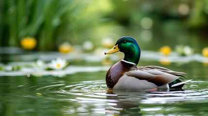 Close-Up of a Mallard Duck Preening Its Feathers While Floating on a Calm Pond with Ripples Extending Around It