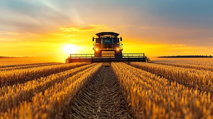 Fototapeta premium A combine harvester works diligently in a golden wheat field at sunset, painting a scene of harvest.