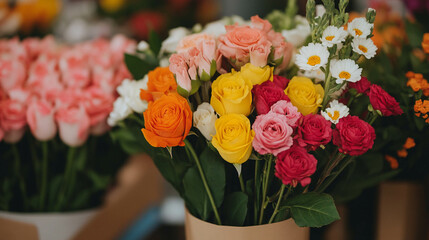 A colorful bouquet of fresh flowers in a florist shop with a blurred background.