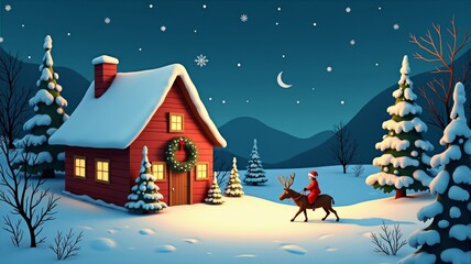 Fototapeta premium Charming Christmas Illustration with Santa Claus Riding Reindeer Near Snow-Covered Cabin in Winter Wonderland