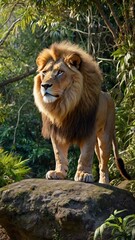 Obraz premium Short and Sweet: The King of the Jungle Lion's Pride Majestic Ruler Golden Mane More Descriptive: A Moment of Sovereignty The Lion's Domain A Watchful Eye Nature's Majesty