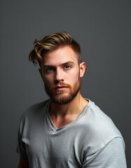 Obraz premium Caucasian male model, close-up of face, studio background, gray background