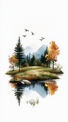 Tranquil landscape with mountains, trees, and a serene lake reflecting the vibrant colors of autumn foliage.