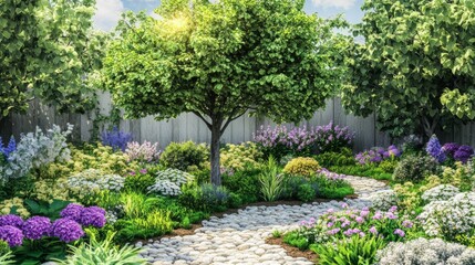 Obraz premium A peaceful garden scene with a newly planted tree surrounded by blooming flowers, illustrating the integration of new plants into a garden design.