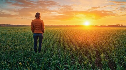 Fototapeta premium A person stands in a lush green field at sunset, enjoying the beauty of nature and tranquility of the moment.