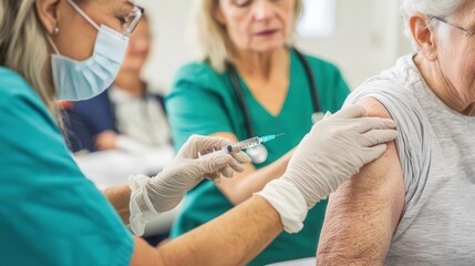 Senior group receiving flu shots at a local community center, preventive care initiative, geriatric flu shots, immunization