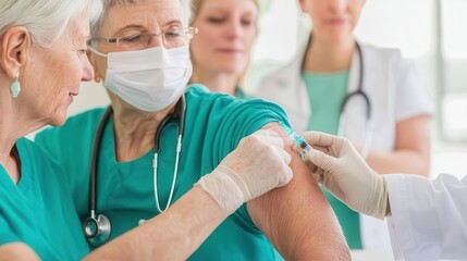 Senior group receiving flu shots at a local community center, preventive care initiative, geriatric flu shots, immunization