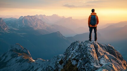 A solitary hiker stands atop a majestic mountain peak, gazing at the breathtaking sunset over distant mountains.