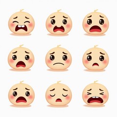 Cute Cartoon Emotional Faces - Set of Nine Sad and Crying Baby Expressions