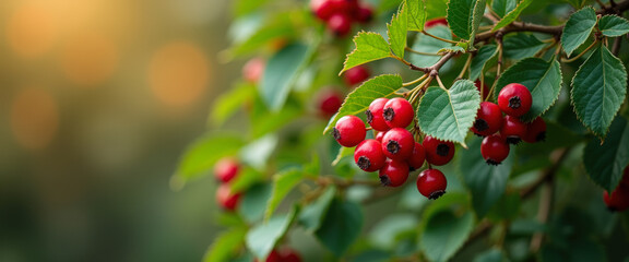 Closeup of Red Berries on a Branch with Green Leaves