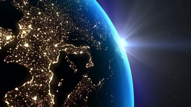 View from space of a beautiful sunrise over Europe, the sun rises over the European continent. Night lights of cities, realistic view from earth orbit. Slow rotation.4k footage
