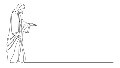 continuous line of jesus reaching out his hand.one line drawing of jesus giving his hand to help the people.single line vector illustration.isolated white background