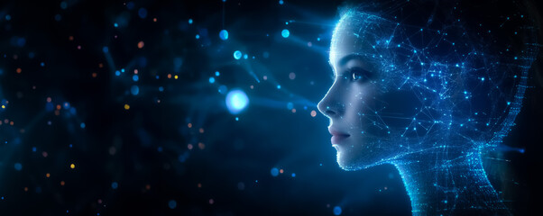 Obraz premium A futuristic profile of a human head made out of glowing digital lines, symbolizing artificial intelligence and technological advancement in business and personal life.