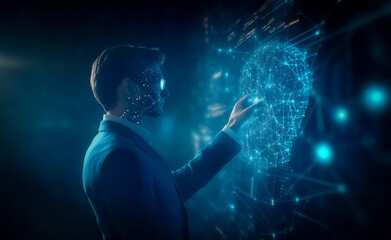 A business professional interacts with an artificial intelligence interface, symbolizing the future of business and the integration of AI to optimize corporate decision-making processes.