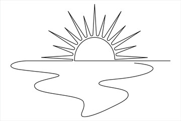 Continuous single line of sunset drawing outline vector art illustration