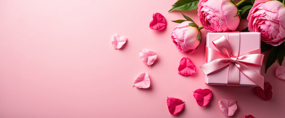 Pink Gift Box with Peony Flowers and Petals